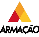 Logotipo da marca ARMAÇÃO, com um símbolo formado por três triângulos nas cores vermelho, amarelo e laranja, e o texto ARMAÇÃO abaixo em preto.